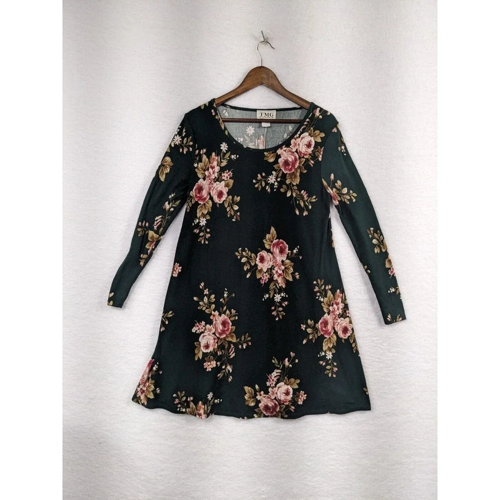 TMG Womens Pullover Long Sleeve Mini Dress‎ Black Floral L Made In USA